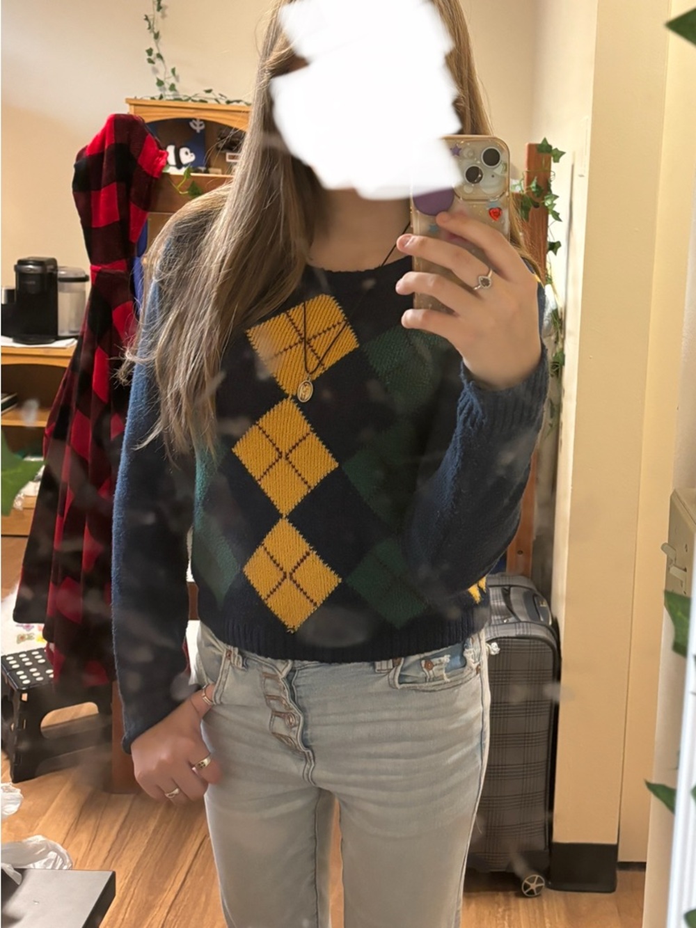 Navy Argyle Crewneck Sweater with Yellow & Green Diamonds